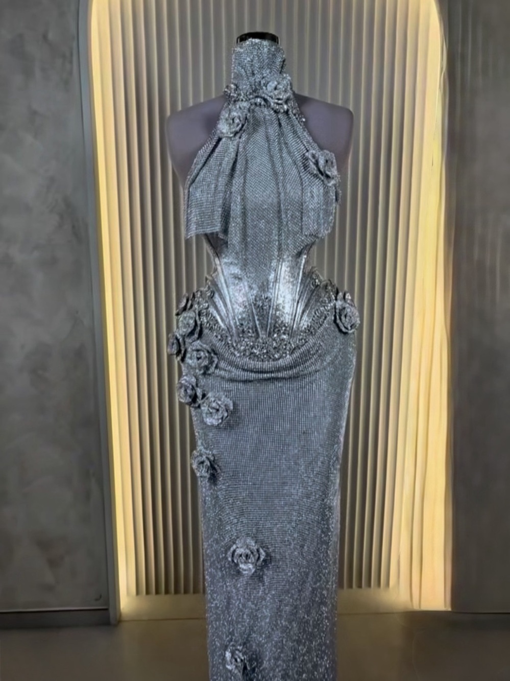 Custom corset metallic silver crystal high neck dress size small 4 from kosovo